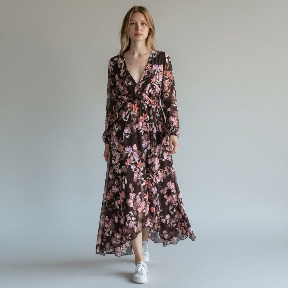Barr III Maxi Dress Women’s S Black Floral V Neck Faux Wrap Romantic Dark Fairy